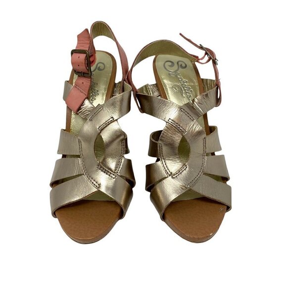 Seychelles Womens Sandal Stacked Heels Shoes Gold Pink Leather Cut Out Buckle 6 - Picture 2 of 10